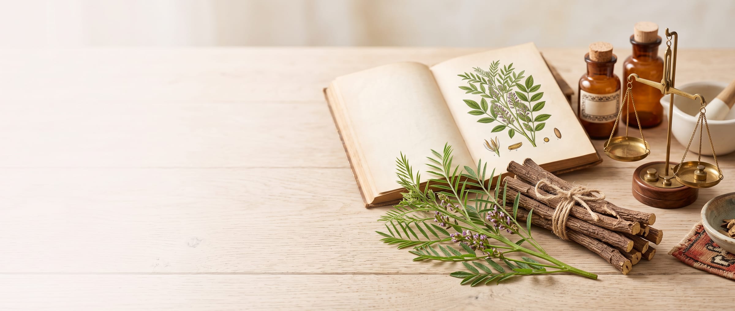 Dried licorice roots, a botanical illustration book and apothecary jars on pale oak