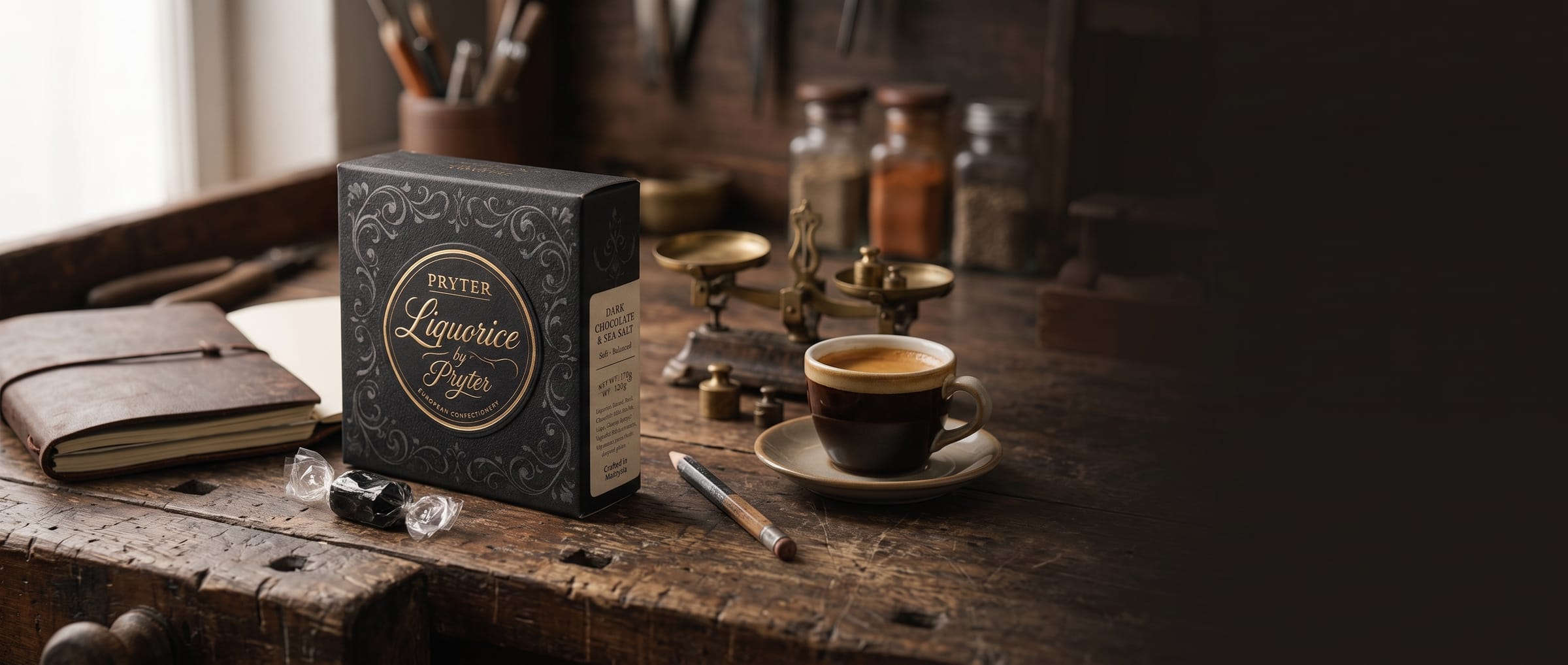 A quiet workshop corner with a notebook, espresso and a dish of liquorice