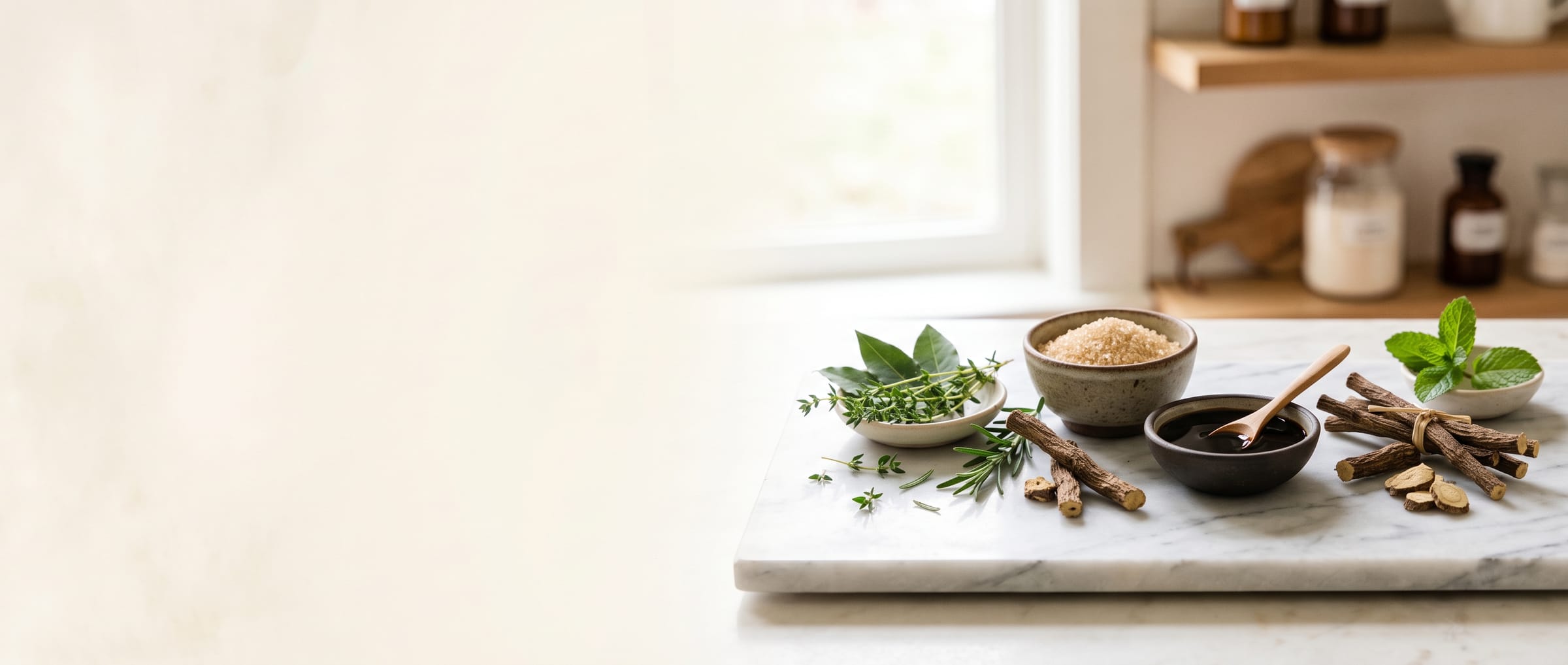 Licorice roots, botanical jars and a mortar on a parchment marble slab