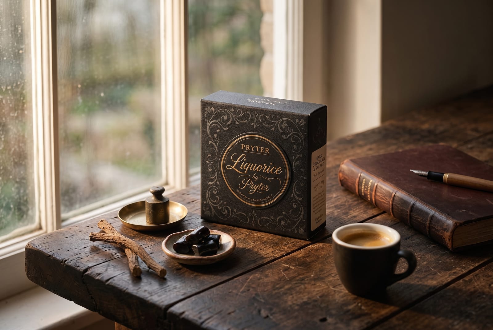 A quiet workshop corner with a notebook, espresso and a dish of liquorice by a tall window