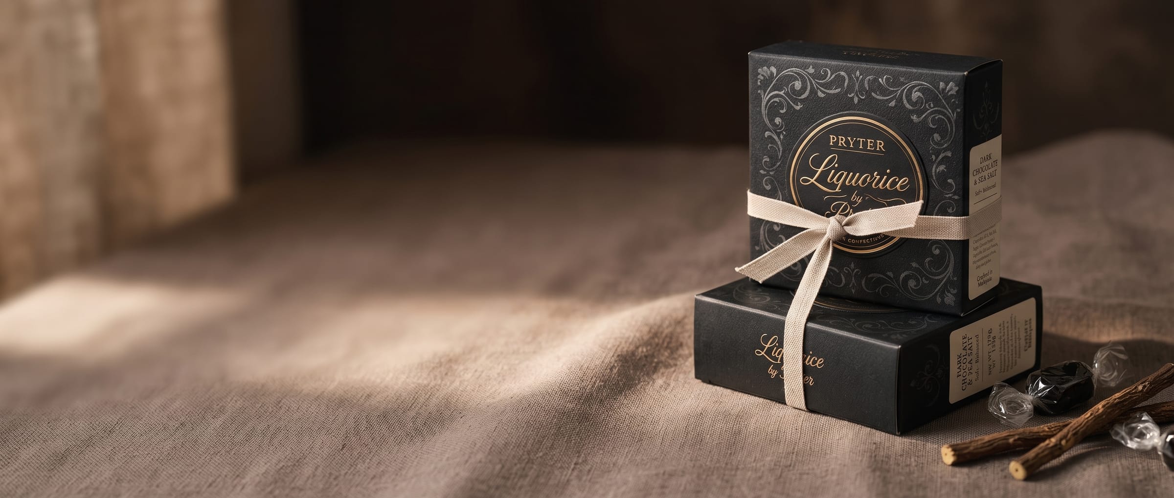 A black gift box tied with linen ribbon on a dark oak table