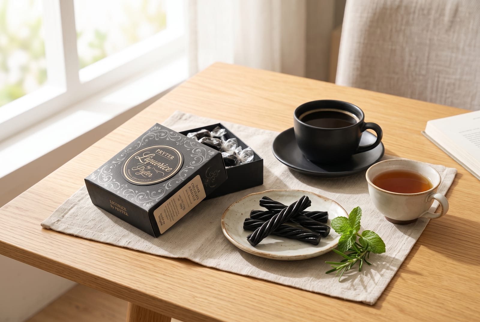 An open By Pryter box beside coffee and tea on a sunlit table